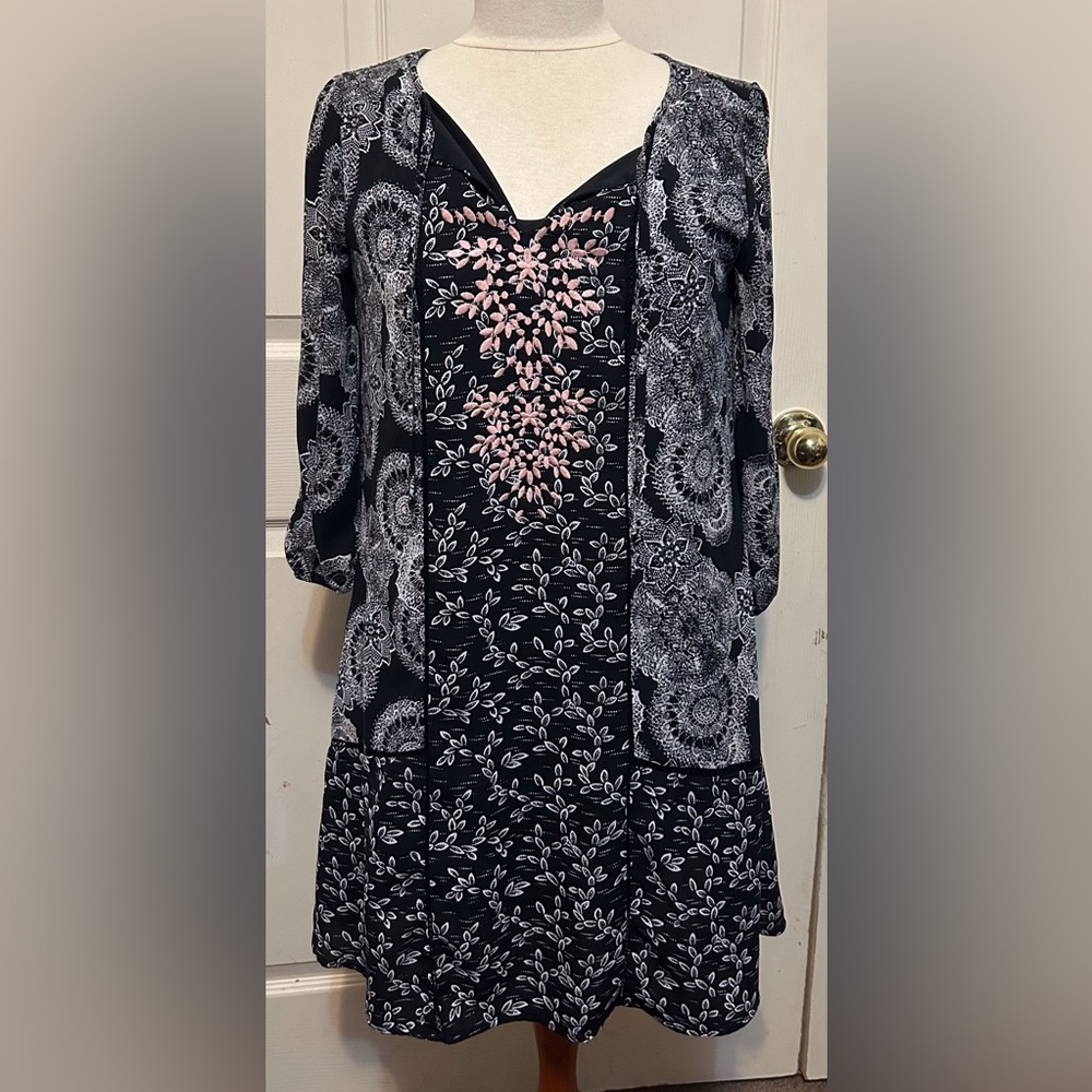 Black Floral Mixed-Print Midi Dress with Pink Embroidery